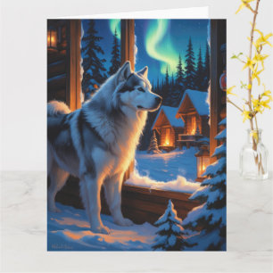 Carte Malamute d'Alaska avec lumières de Noël