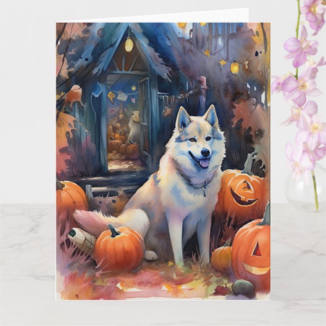 Carte Malamute d'Alaska Halloween avec des citrouilles é (Orchidée)