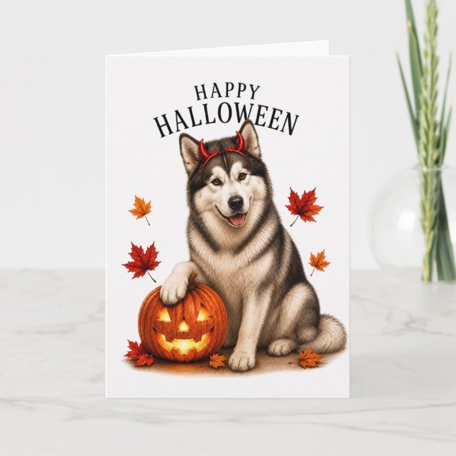Carte Malamute d'Alaska Halloween Diable Chien (Devant)