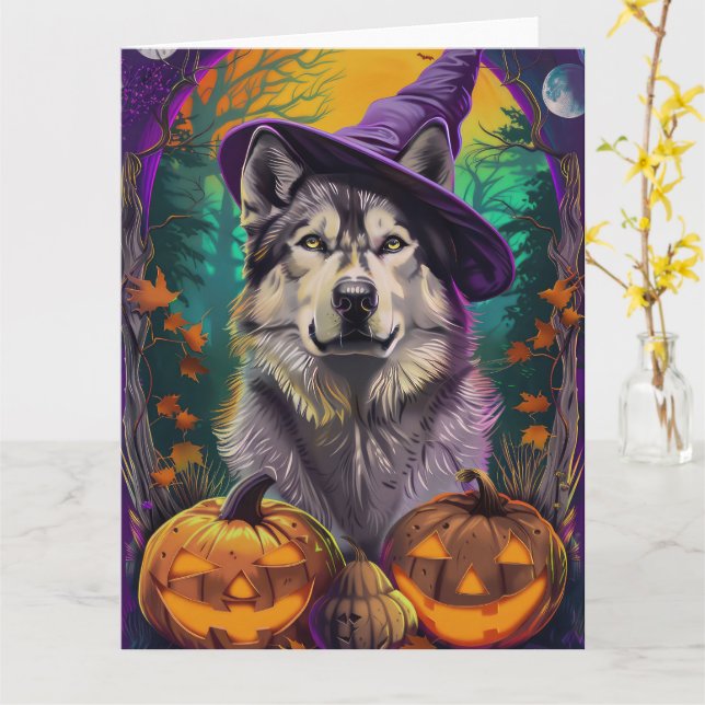 Carte  Malamute d'Alaska Halloween Sorcière et Citrouill (Fleur jaune)