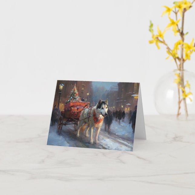 Carte Malamute d'Alaska Saison de Fêtes de Noël (Fleur jaune)
