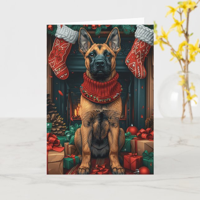 Carte Malinois Belge Avec Cheminée Cadeaux De Noël (Fleur jaune)