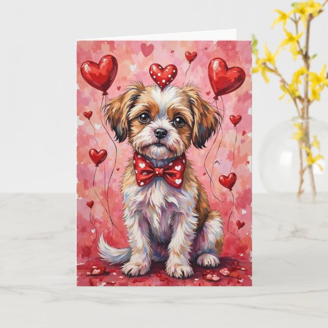 Carte Malti Tzu Valentine Dog Sitting with Hearts Red (Fleur jaune)