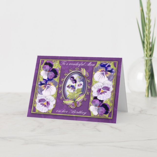Carte Mam Anniversaire Avec Papillons Et Pansies (Devant)