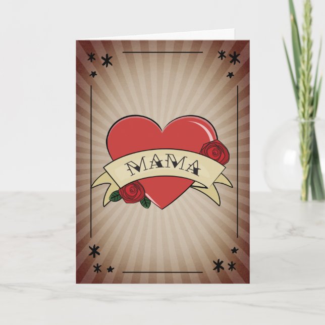 Carte Mama Vintage Tatouage de rose en cœur pour la fête (Devant)