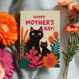 Carte Maman Chat Noir & Kitten Floral Joyeuse Fête des M