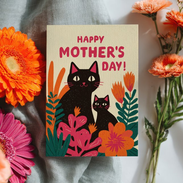 Carte Maman Chat Noir & Kitten Floral Joyeuse Fête des M (Créateur téléchargé)
