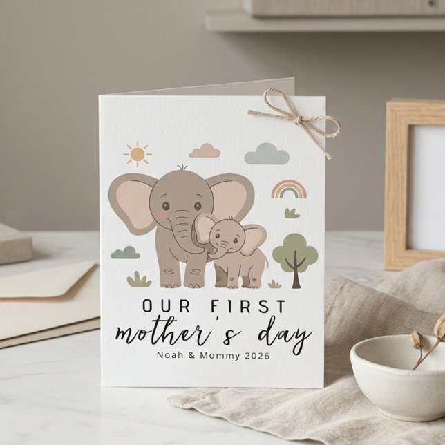 Carte Maman éléphant mignon bébé premier jour de la fête (Créateur téléchargé)