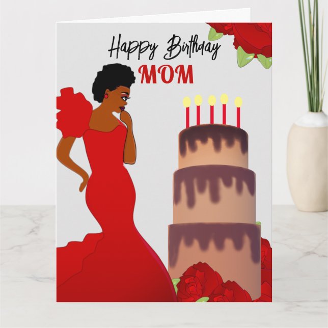 Carte Maman Glam Red Roses & Cake Africain Américain (Devant)