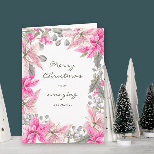 Carte Maman Hiver Floral rose Poinsettia Noël