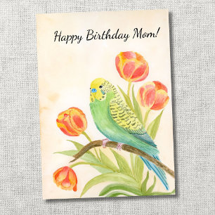 Carte Maman Joyeux Anniversaire Perruche avec Tulipes