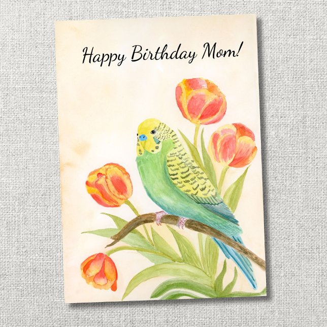 Carte Maman Joyeux Anniversaire Perruche avec Tulipes (Créateur téléchargé)