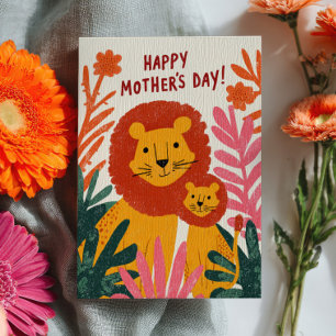 Carte Maman Lionne et son Petit Botanique Bonne Fête des