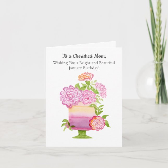 Carte Maman Oeillets pourpres en janvier Gâteau d'annive (Devant)