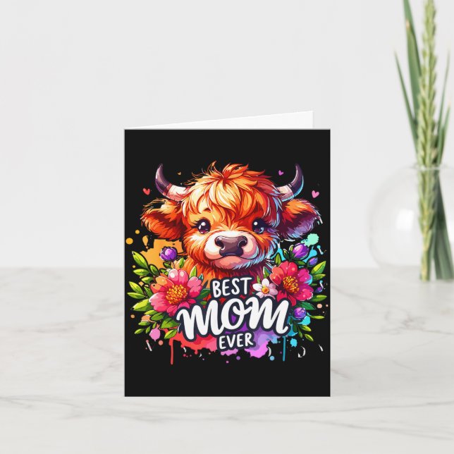 Carte Maman toujours vache des Highlands florale fête de (Devant)