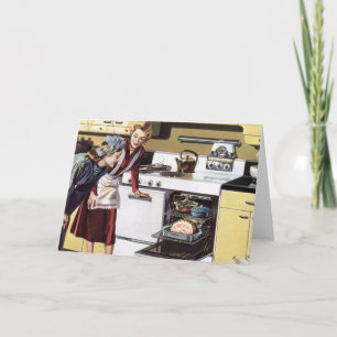 Carte Maman vintage dans la cuisine en train de cuisiner