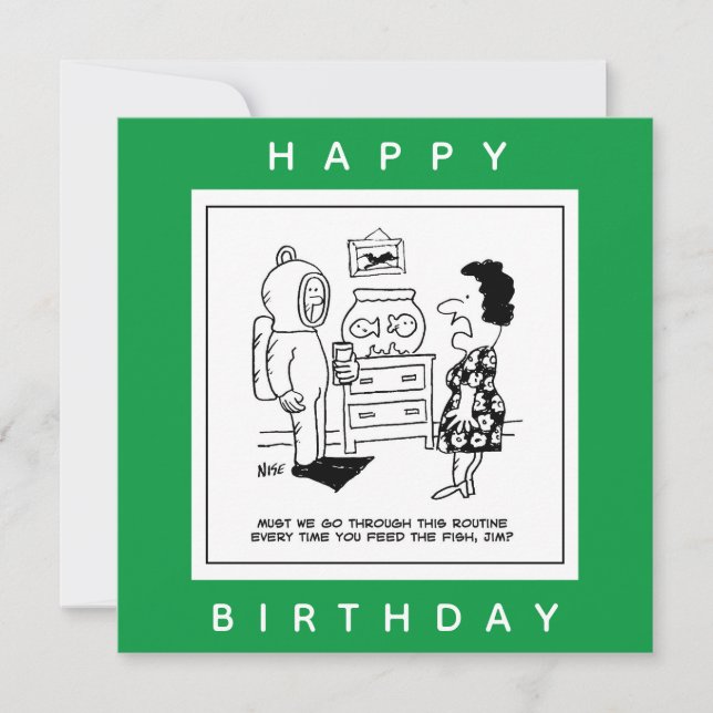 Carte Man Dons Scuba Diving Outfit to Feed Fish Cartoon. (Devant)