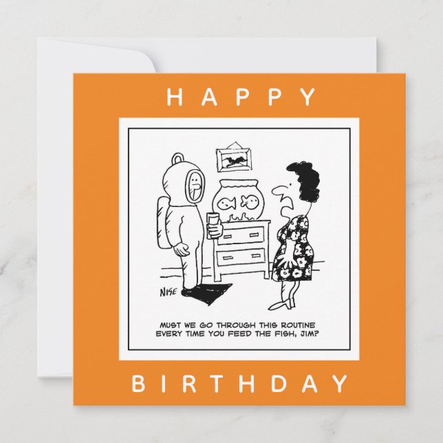 Carte Man Dons Scuba Diving Outfit to Feed Fish Cartoon. (Devant)