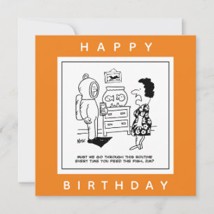 Carte Man Dons Scuba Diving Outfit to Feed Fish Cartoon.