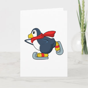 Carte Manchot au patinage sur glace avec patins à glace.