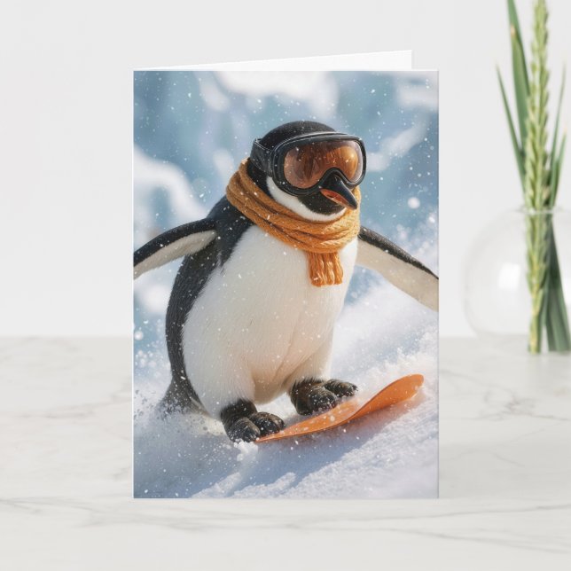 Carte Manchot de Noël faisant du snowboard en descente (Devant)