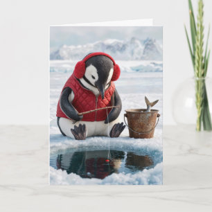 Carte Manchot de Noël pêche sur glace sur un glacier arc