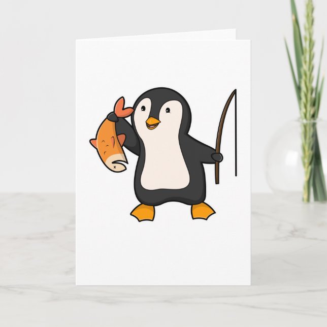 Carte Manchot en pêcheur avec poisson (Devant)