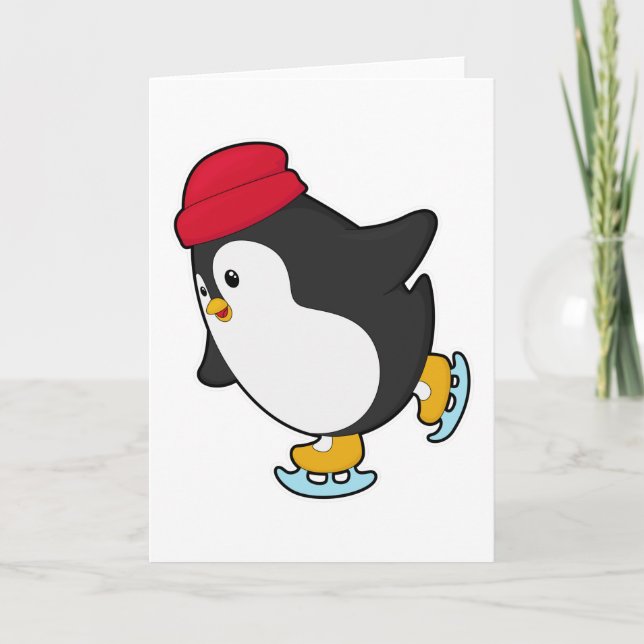 Carte Manchot faisant du patinage sur glace avec un chap (Devant)