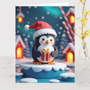 Carte Manchot joyeux avec cadeau dans un Noël enneigé