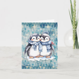 Carte Manchots à l'aquarelle bleue d'hiver avec des écha