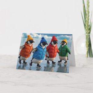 Carte Manchots d'anniversaire patinant sur un lac arctiq