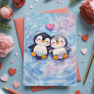 Carte Manchots Flottent Dans L'Amour Douce Aquarelle Sai