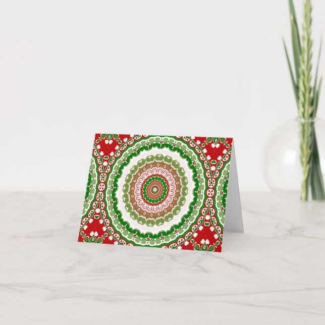 Carte Mandala de Noël en rouge, vert et or chaud (Devant)