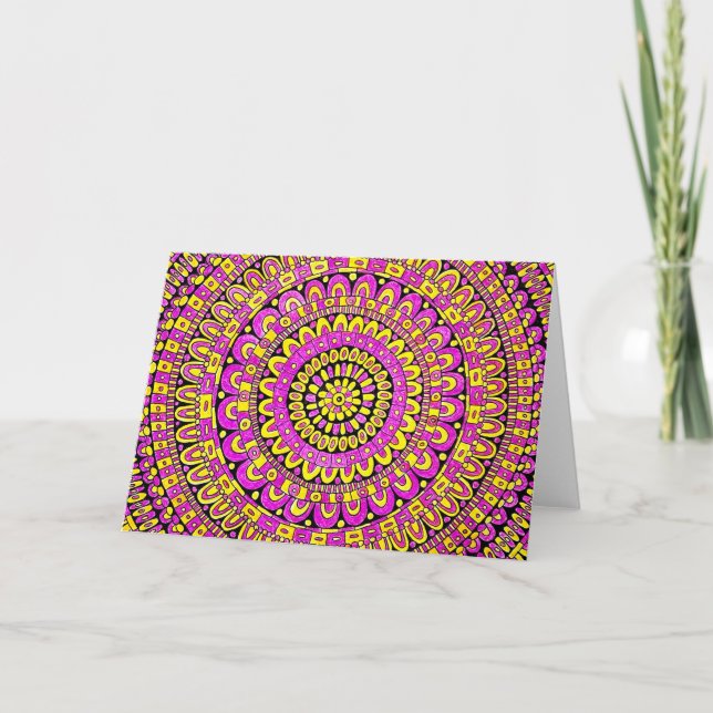 Carte Mandala dessinée à la main de couleur jaune violet (Devant)