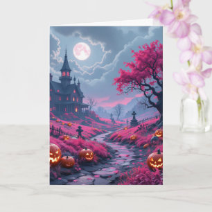 Carte Manoir creepy fuchsia d'Halloween