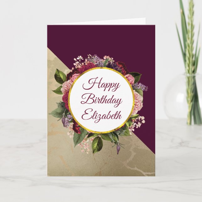 Carte Marbre d'or Motif et Floral Bourgogne Anniversaire (Devant)