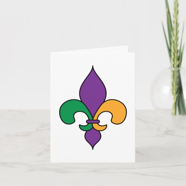 Carte Mardi Gras Fleur de Lis violet jaune vert (Devant)