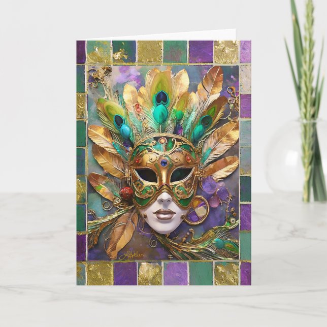 Carte Mardi Gras Gold et vert Peacock Feature Masque (Devant)