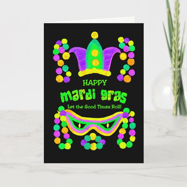 Carte Mardi Gras Lumineuse sur noir, perles de mas (Devant)