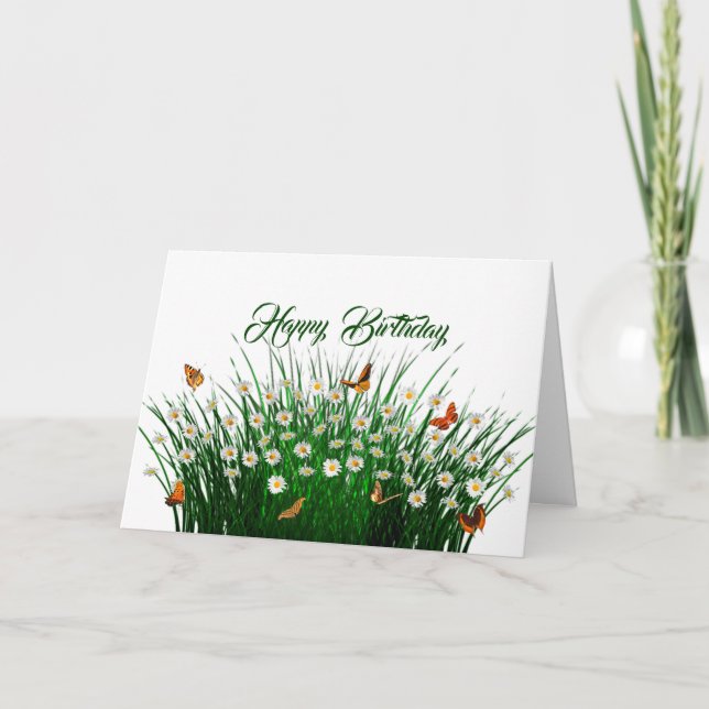 Carte Marguerite Vert Herbe Orange Papillons Anniversair (Devant)