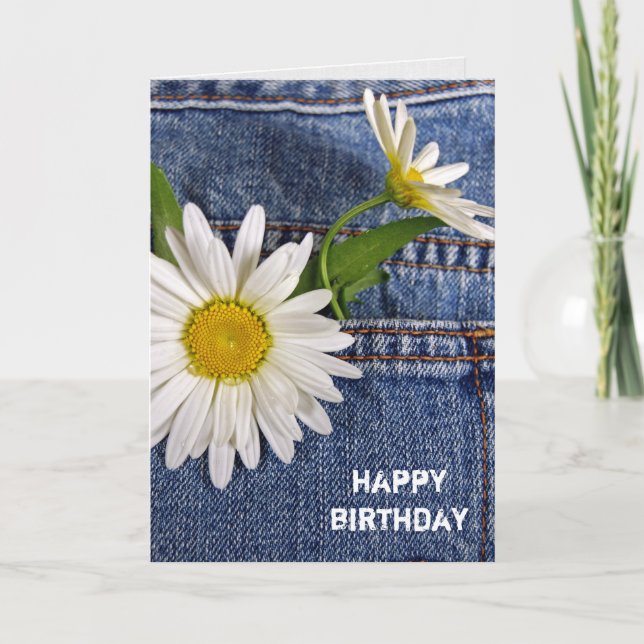 Carte marguerites blanches en jean bleu poche anniversai (Devant)