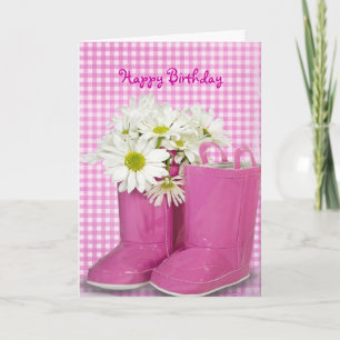 Carte marguerites d'anniversaire en bottes roses