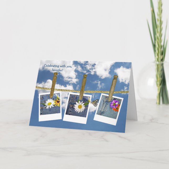 Carte Marguerites d'anniversaire en jeans bleus (Devant)