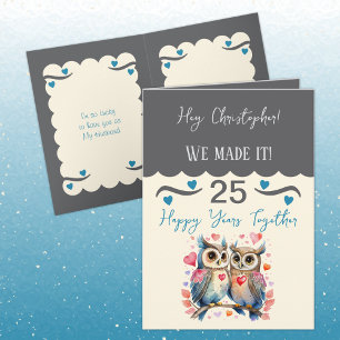 Carte Mari 25e anniversaire hibou gris bleu