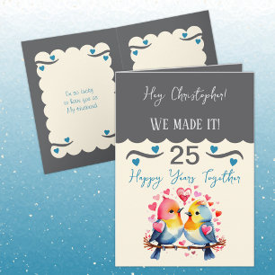 Carte Mari 25e anniversaire oiseaux gris bleu