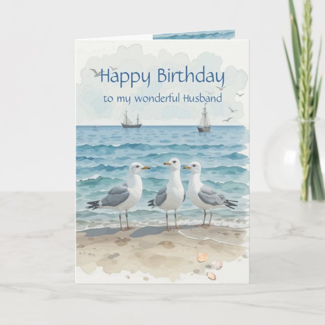 Carte Mari Anniversaire, Romantique, Plage Seagull, Rive (Devant)