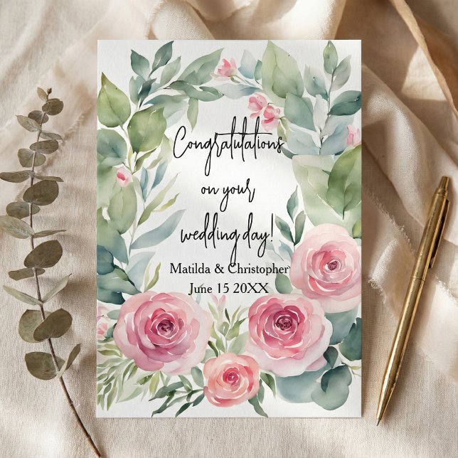 Carte Mariage à l'aquarelle Rose rose et Eucalyptus (Créateur téléchargé)