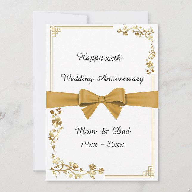 Carte Mariage anniversaire, blanc, ruban or, retour de t (Devant)