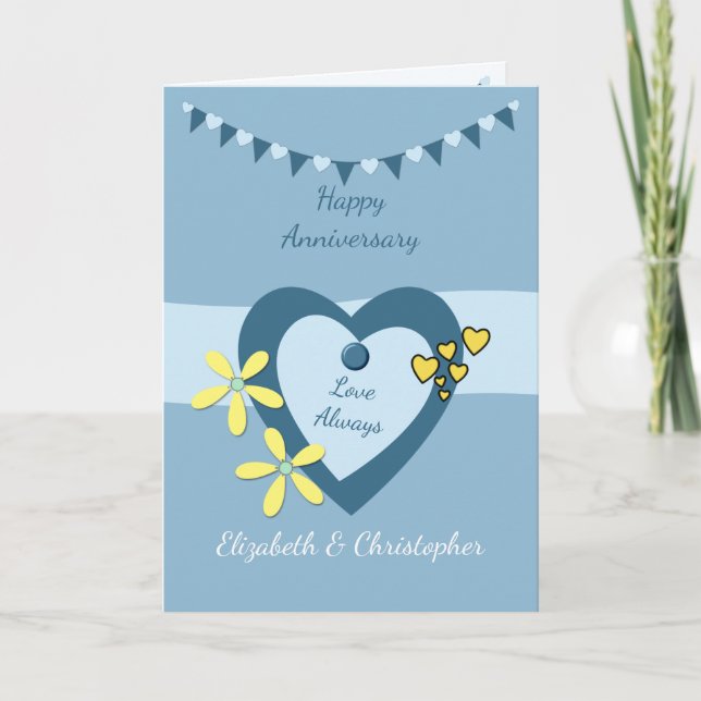 Carte Mariage Anniversaire bleu avec le bouquet et les c (Devant)