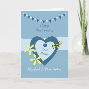 Carte Mariage Anniversaire bleu avec le bouquet et les c